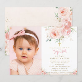 Convites Foto Dourada Floral Elegante Blush Rosa