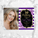 Convites Foto Dourada Floral Roxo 50º Aniversário<br><div class="desc">Elegante convite floral feminino para o 50º aniversário com sua foto. Glam roxo, preto, design branco com ouro brilhante falso. Apresenta faixas, rosas de lavanda, fonte de script e confetti. Perfeito para uma festa de comemoração de na moda adulto. Personalize com seus próprios detalhes. Pode ser personalizado para qualquer idade!...</div>