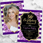 Convites Foto Dourada Floral Roxo 50º Aniversário<br><div class="desc">Elegante convite floral feminino de 50 anos com sua foto no final do cartão. Design preto branco roxo com ouro brilhante. Apresenta faixas, rosas roxos, fontes de script e confetti. Perfeito para uma festa de comemoração de na moda adulto. Personalize com seus próprios detalhes. Pode ser personalizado para qualquer idade!...</div>