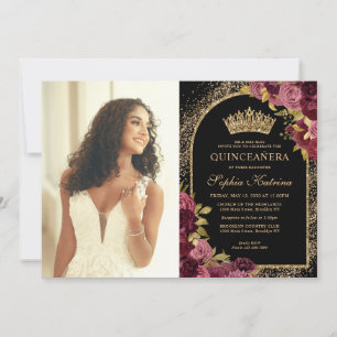 Convites Foto Dourada Floral  Vermelha Burgundy Quinceanera