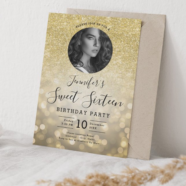 Convites FOTO Dourada Glitter Bokeh Lights Sweet 16 Party (PHOTO Gold Glitter Bokeh Lights Sweet 16 Party Invitation)