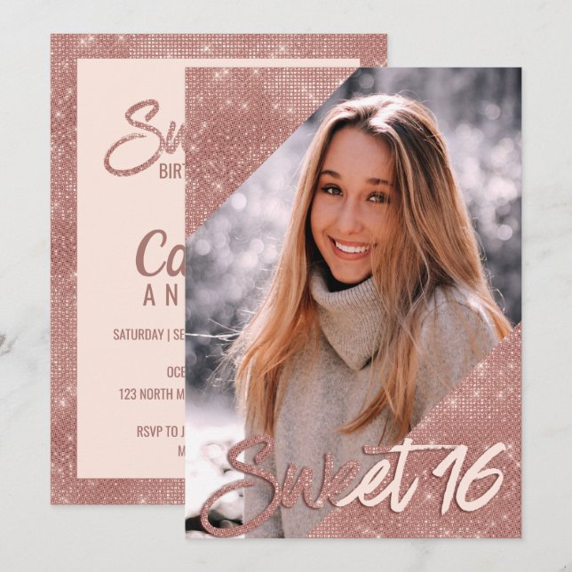 Convites Foto Dourada Glitter Border Rosa Cinza 16 (Frente/Verso)