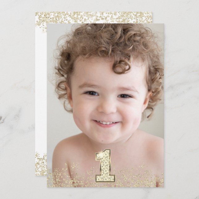 Convites Foto Dourada Glitter Boys Festa de primeiro aniver (Frente/Verso)