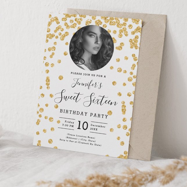 Convites FOTO Dourada Glitter Confetti Sweet 16 Party (PHOTO Gold Glitter Confetti Sweet 16 Party Invitation)