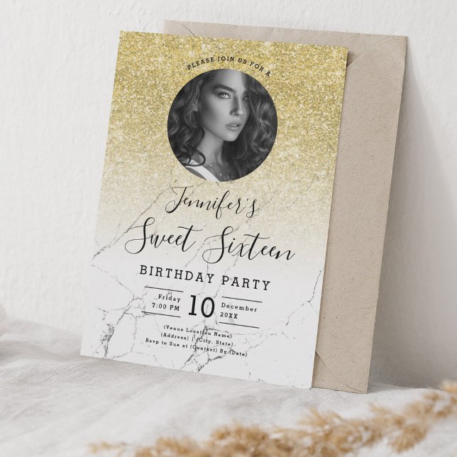 Convites FOTO: Dourada Glitter Marble Sweet 16 Party (PHOTO Gold Glitter Marble Sweet 16 Party Invitation)