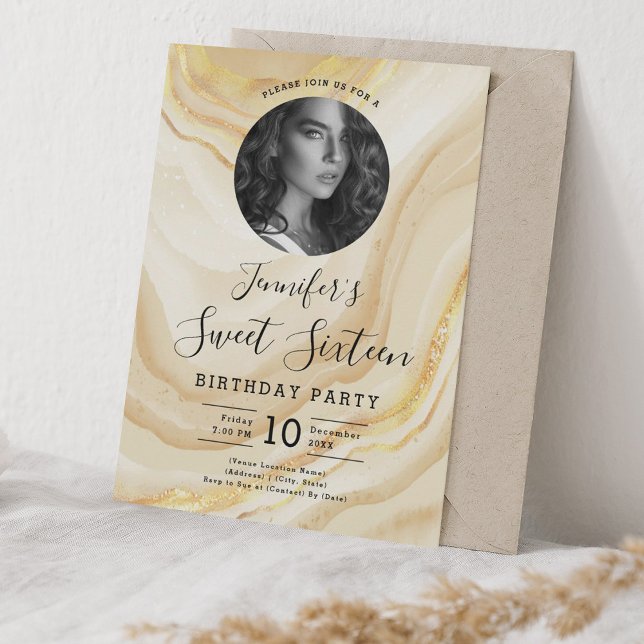 Convites FOTO Dourada Marble Glitter Doce Festa 16 (PHOTO Gold Marble Glitter Sweet 16 Party Invitation)