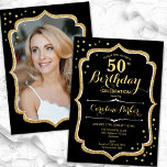 Convites Foto Dourada negra 50º aniversário<br><div class="desc">Elegante 50º convite de aniversário com sua foto no fundo do cartão. Design preto de vidro com ouro brilhante falso. Possui fonte de script e confetti. Perfeito para uma festa de comemoração de na moda adulto. Personalize com seus próprios detalhes. Pode ser personalizado para qualquer idade! Impressos convites Zazzle ou...</div>