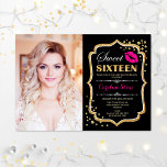 Convites Foto Dourada  Negra Branca de 16 Aniversário<br><div class="desc">Dourada Foto Negra Rosa,  Beija,  Doce 16 Aniversário. Doce dezesseis convites de aniversário com sua foto. Possui fonte de script,  lábios beijam e confetti. Design cor-de-rosa com falso brilho. Perfeito para uma elegante festa de 16 dias.</div>