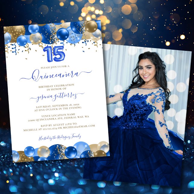Convites Foto Dourada Real Quinceañera Balloon (Royal Blue Gold Quinceañera Balloon Photo Invitation)