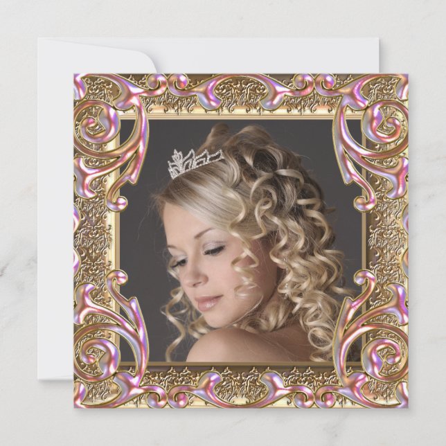 Convites Foto Dourada rosa, doce, 16 Festas de aniversário (Frente)