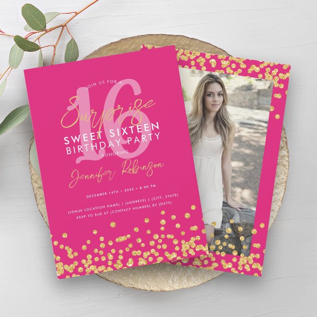 Convites Foto Dourada rosa quente Surpresa com brilho 16 (Hot Pink Gold Glitter Photo Surprise Sweet 16 Invitation)
