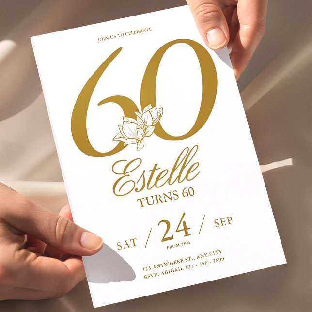 Convites Foto Dourada Salve a Data 60º Aniversário (60th birthday invitation white gold, elegant floral birthday invite, minimalist gold birthday invita)