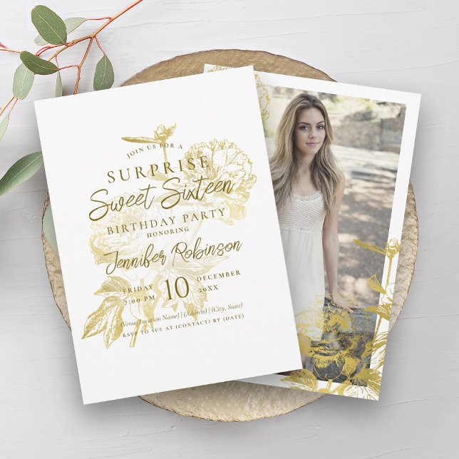 Convites Foto Dourada simples SURPRISE Sweet 16 (Simple Gold Floral Photo SURPRISE Sweet 16 Invitation)