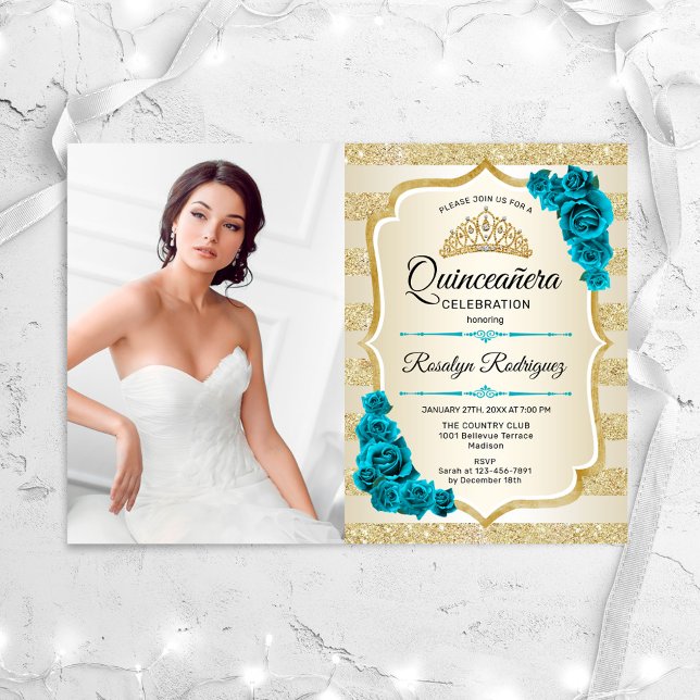 Convites Foto Dourada Teal Elegante Quinceanera (Criador carregado)