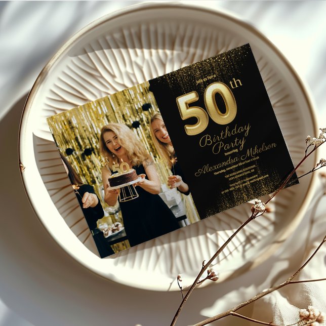 Convites Foto Dourada Tipografia Preta 50.º aniversário (Criador carregado)