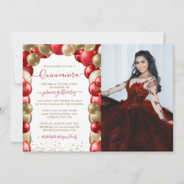 Convites Foto Dourada vermelha Quinceañera Balloon