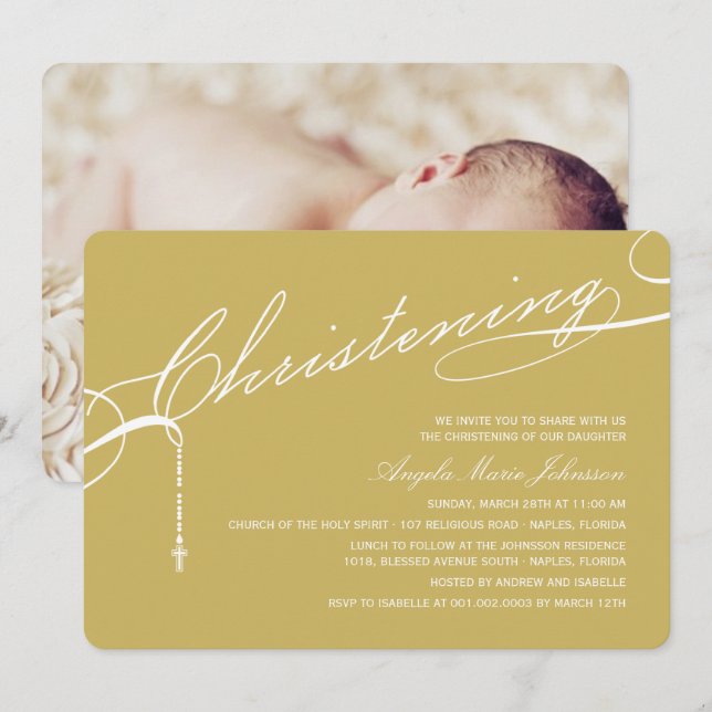 Convites Foto Dourado da cruz baseado num guião do batismo (Frente/Verso)