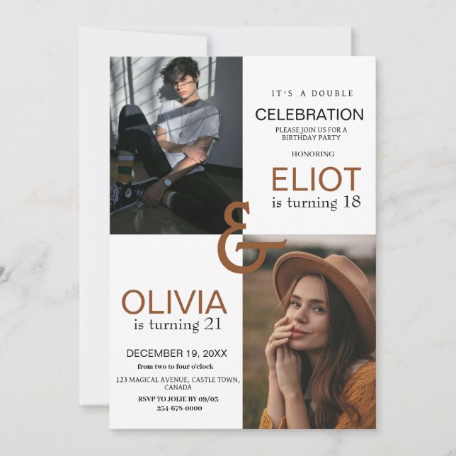 Convites Foto dupla Aniversário moderno preto branco (Frente)