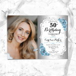 Convites Foto Dusty Blue Silver 50º aniversário<br><div class="desc">Elegante convite floral feminino para o 50º aniversário com sua foto. Glam design com falso prata. Apresenta rosas azuis leves, fontes de script e confetti. Perfeito para uma festa de comemoração de na moda adulto. Personalize com seus próprios detalhes. Pode ser personalizado para qualquer idade! Impressos convites Zazzle ou modelo...</div>