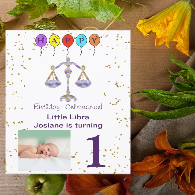 Convites Foto e aniversário de Libra com Dourado e Balões (Criador carregado)