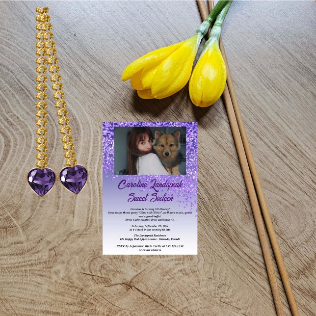 Convites Foto e queda de brilho roxo Doce Dezesseis (Criador carregado)