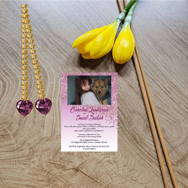 Convites Foto e Rosa de queda, brilho Dourado 16 (Criador carregado)