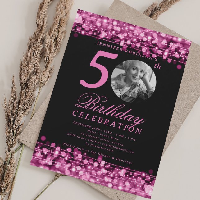 Convites Foto elegante 50ª Luzes rosa-quente com Festa de a (Elegant Photo 50th Birthday Party Hot Pink Lights Invitation)
