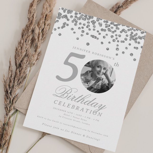 Convites Foto Elegante 50º Aniversário Confetes Prata (Elegant Photo 50th Birthday Silver Confetti Invitation)