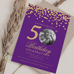 Convites Foto Elegante 50º aniversário Dourado Confetti Pur