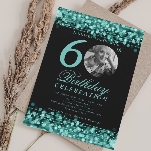 Convites Foto elegante 60ª Luzes de Teal de Festa de aniver (Elegant Photo 60th Birthday Party Teal Lights Invitation)