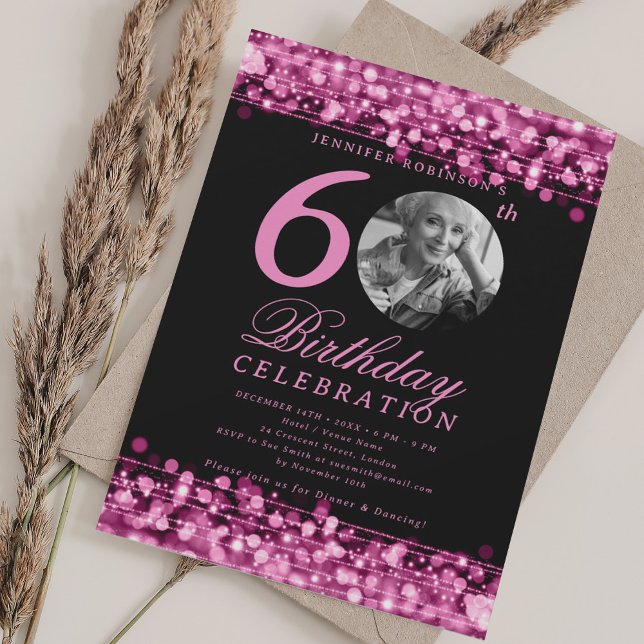 Convites Foto elegante 60ª Luzes rosa-quente com Festa de a (Elegant Photo 60th Birthday Party Hot Pink Lights Invitation)