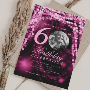 Convites Foto Elegante 60º Aniversário Luzes de Vidro Rosa