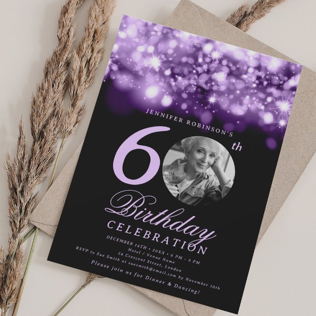 Convites Foto Elegante 60th Birthday Purple Midnight Glam (Elegant Photo 60th Birthday Purple Midnight Glam Invitation)