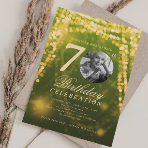 Convites Foto Elegante 70 Birthday Dourada Luzes de Vidro V