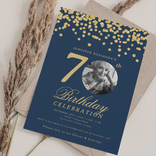 Convites Foto Elegante Aniversário de 70 anos Dourado Confe