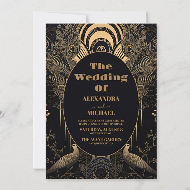 Convites Foto Elegante Art Deco Peacocks Casamento (Frente)