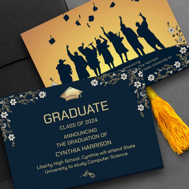 Convites Foto Elegante Azul Marinho e Floral Dourado  ("A touch of elegance for your gratitude! 🌷🎓 #partygraduat #floralaccents #navyandgoldpalette #navy)