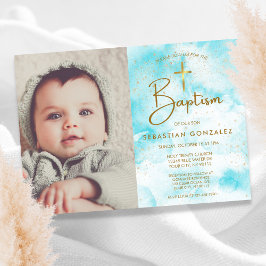 Convites Foto Elegante Blue Watercolor Dourado Baptism