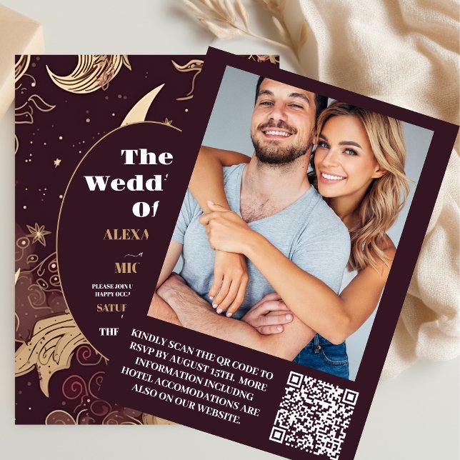 Convites Foto Elegante Burgundy Dourada Casamento Celestial (Criador carregado)