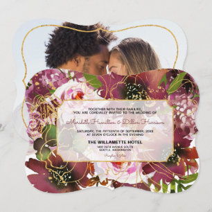 Convites Foto Elegante Burgundy Dourado Rosa Floral Casamen