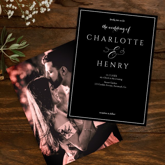 Convites Foto Elegante Callighraphy Script Black Wedding (Criador carregado)