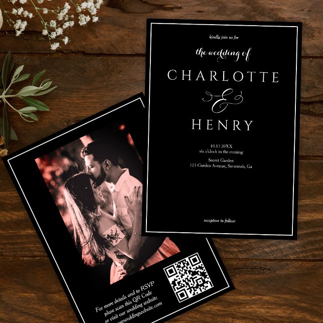 Convites Foto Elegante Código QR Preto e Casamento RSVP (Criador carregado)