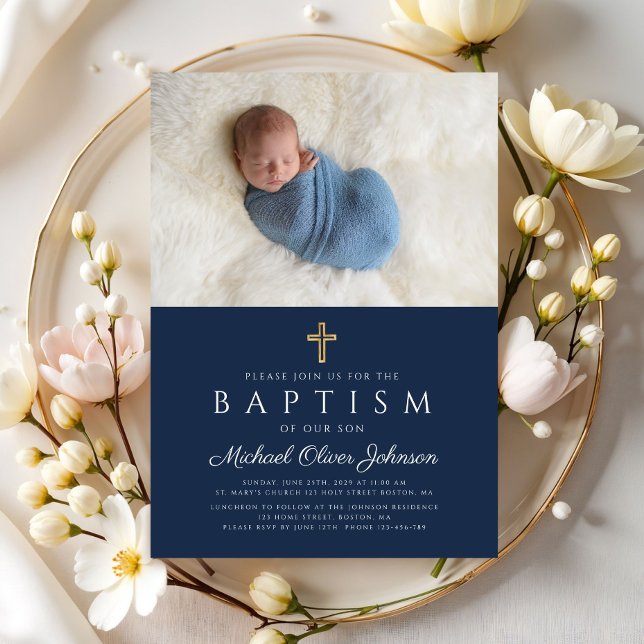 Convites Foto Elegante com Cruz Religiosa Azul Batismo Meni (Elegant Blue Religious Cross Boy Baptism Photo Invitation)