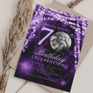 Convites Foto Elegante de 70º Aniversário Luzes Roxas Glam