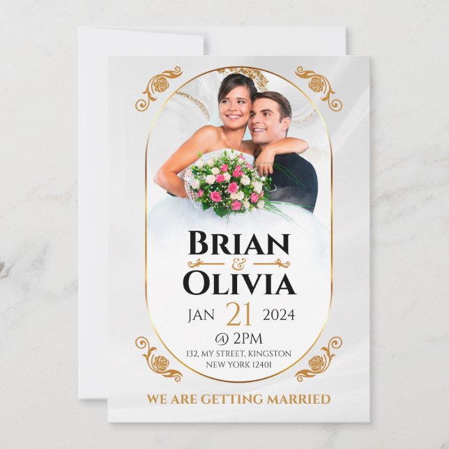Convites Foto Elegante de Casamento Branco e Dourado Minima (Frente)