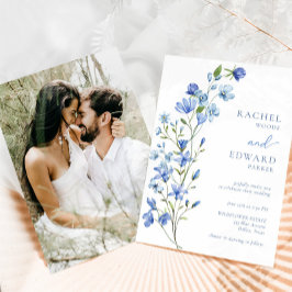 Convites Foto Elegante Dusty Blue Floral Casamento