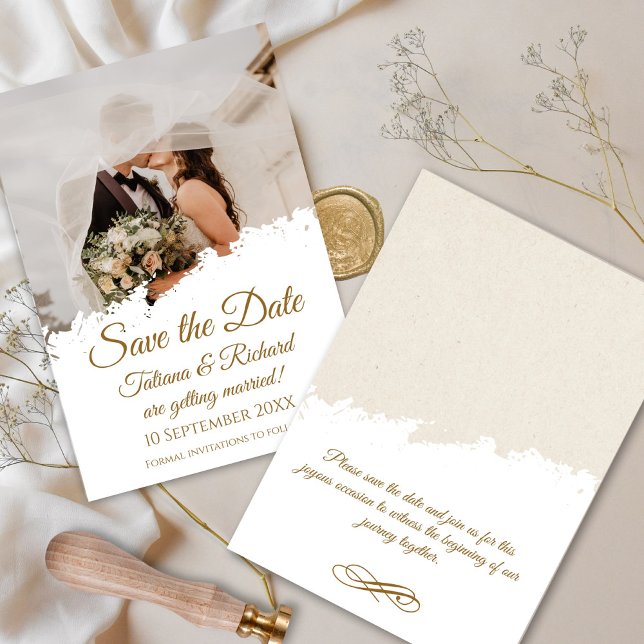 Convites Foto Elegante e Script Dourado Salvar o Casamento  (elegant gold script save the date invitation card)