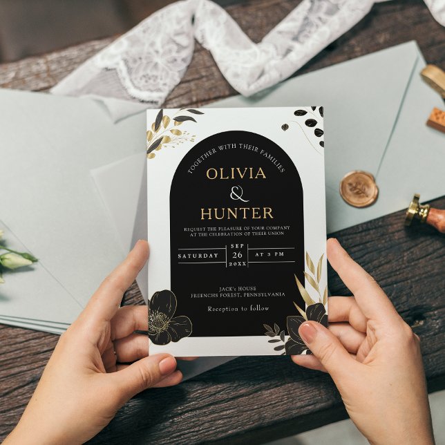 Convites Foto Elegante Mínima Floral Branca e Preta Moderna (Modern Black & White Floral minimal Elegant Photo Invitation)