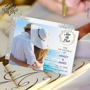 Convites Foto Elegante Moderna Salva a Data Dourada Floral