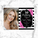 Convites Foto Elegante Prata Negra Rosa 50º Aniversário<br><div class="desc">Elegante convite floral feminino para o 50º aniversário com sua foto. Design cor-de-rosa preto-claro com prata brilhante. Apresenta faixas pretas e brancas, rosas, fontes de script e confetti. Perfeito para uma festa de comemoração de na moda adulto. Personalize com seus próprios detalhes. Pode ser personalizado para qualquer idade! Impressos convites...</div>